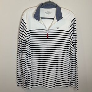 Vineyard Vines Men's Navy and White Striped Quarter-Zip Pullover
